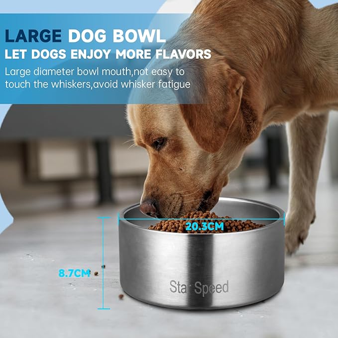 StarSpeed Stainless Steel Dog Bowl. Dog Water Bowls for Large Dogs with Rubber Bottom, Drop Resistant and Durable, Keeps Cold, Holds 8 Cups of Water, Fits Different Size Dog Bowls. (64oz, Stainless)