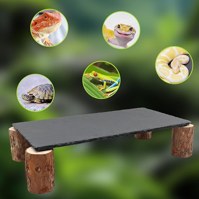 Bearded Dragon Basking Platform, Slate Rocks for Reptiles with Wooden Pile, Leopard Gecko Hides and Caves, Reptile Tank Accessories for Bearded Dragons, Geckos, Ball Pythons, Tortoise (Black, Large)
