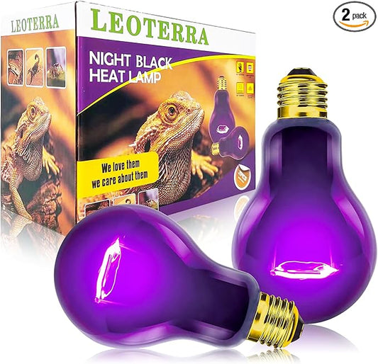 Leoterra Reptile Heat Lamp Bulb 75W - Night Black Moonlight Heat Lamp for Nocturnal Reptiles, Infrared Heating Bulb for Lizards, Snakes, Turtles & Amphibians, Compatible with Thermostat (2-Pack)