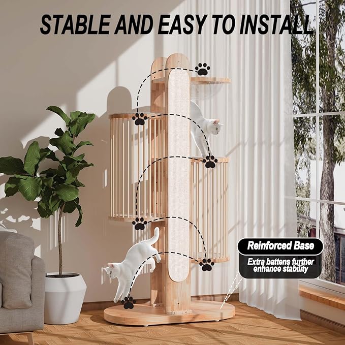 Modern Cat Tree Tower for Indoor Cats, 67" Tall Solid Wooden Cat Tower with Scratching Posts, 6 Level Natural Luxury Cat House with Big Bed, Washable Cushions Cat Furniture for Large Cats White