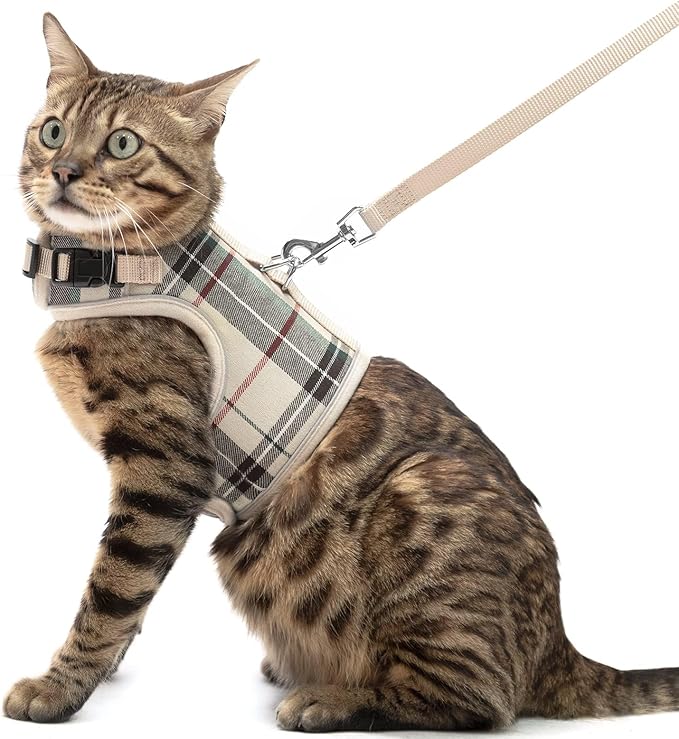 PUPTECK Soft Mesh Cat Vest Harness and Leash Set Puppy Padded Pet Harnesses Escape Proof for Cats Small Dogs Rabbits Bunny, Plaid Beige, XL