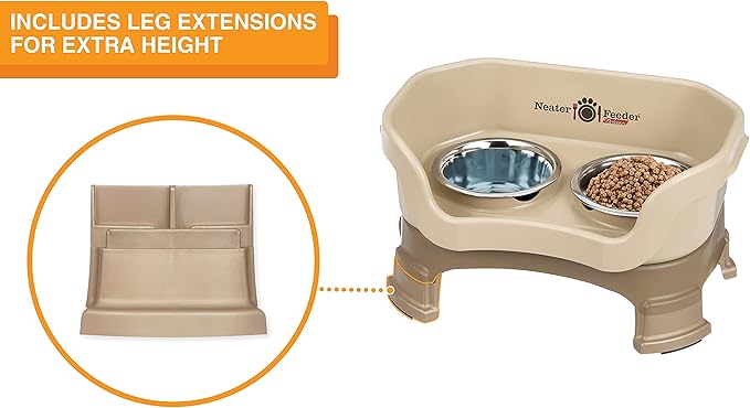 Neater Feeder Deluxe Mess Proof Dog Bowls Elevated for Small Breeds – Made in USA – No Spill Raised Dog Food Bowl Stand w/Leg Extensions – Stainless Steel Dog Food and Water Bowl Set – Beige