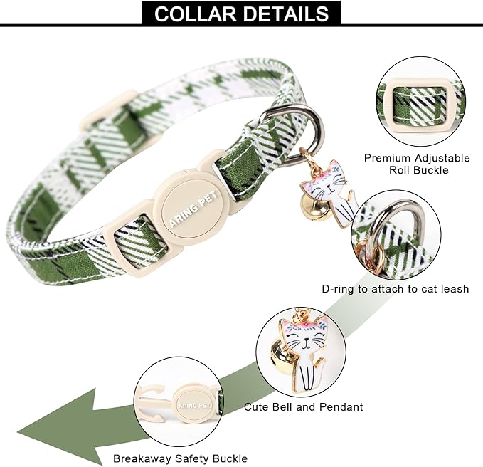 ARING PET 2 Pack Cat Collar-Cute Cotton Cat Collar with Bell & Pendant, Adjustable Spring Kitten Collars with Safety Buckle for Girl and Boy Pets