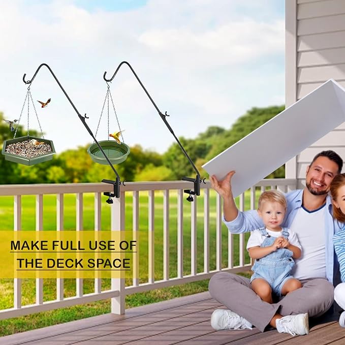 Heavy Duty Deck Hook, 31 Inch Deck Bird Feeder Hanger for Railing, Extended Metal Deck Hooks for Hanging Bird Feeders, Plants, Wind Chimes, Suet Baskets, Lanterns, 360° Swivel, Clamp Mounted, 2 Pack