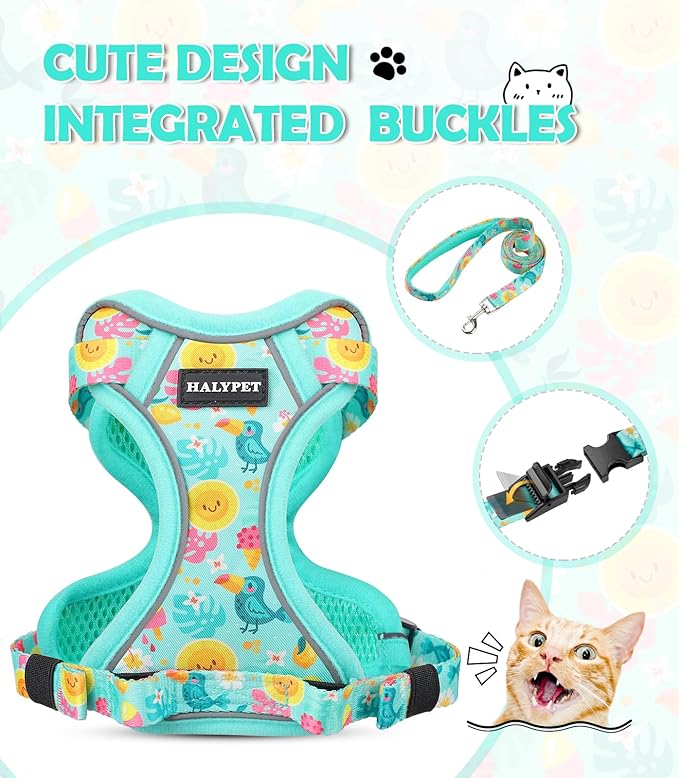 Halypet Cat Harness and Leash Set[MAX Safety 4th-Gen] Cute Escape Proof Vest Harness for Girl&Boy Cat Walking, Comfortable Adjustable Leash and Reflective Strips for Outdoor Kitten, XS Green Tropics
