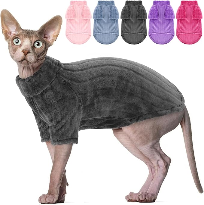 SUNFURA Sweaters for Cats, Hairless Sphynx Sweater Kitten Pullover with Sleeves, Warm and Soft Cat Pajamas Fleece Sweatshirt Jumpsuit, Turtleneck Clothes for Fall Winter, Grey M