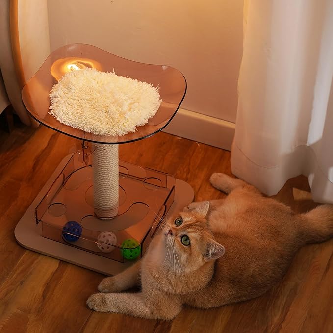 Modern 3-in-1 Interactive Cat Toy with Puzzle Box, Cat Bed/Perch & Scratching Posts, Colorful Jingle Balls, Dangling Accent, Puzzle Toys for Indoor Cats, Acrylic, Pink