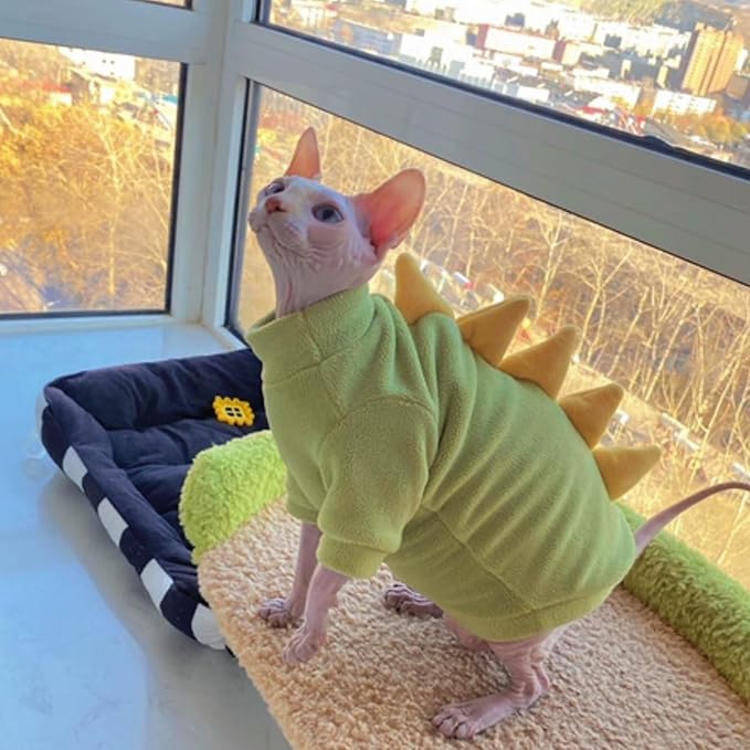 Dinosaur Sphynx Cat Clothes, Soft Polar Fleece Sweater for Cat, Elastic Pet Clothes Thick Winter Warm Outfit for Hairless Cat, Devon, Cornish, Small Dogs Apparel with Sleeves (Green, X-Large)