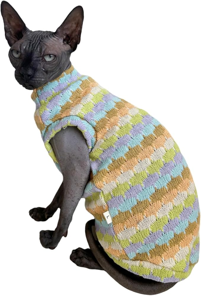 Sphynx Cat Clothes Hairless Cat Vest Elastic Cat Sweater Outfit, Pet Clothes for Sphynx Cat Coat for Cats and Small Dogs Apparel, Hairless cat Shirts Sweaters (Cyan Chestnut, Medium)