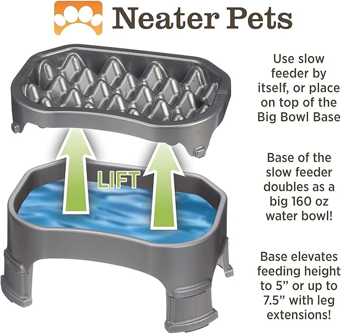 Neater Pet Brands – Neater Raised Slow Feeder Dog Bowl – Elevated and Adjustable Food Height - (6 Cup, Gunmetal)