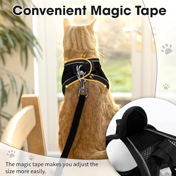 Cat Vest Harness and Leash Set for Walking Escape Proof, Adjustable Kitten Harness Breathable Mesh with Reflective Strips Harness for Kitty Puppy Bunny (Black,XS)
