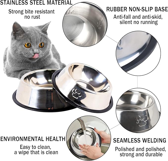 Hamiledyi Stainless Steel Dog Cat Bowl with Rubber Base 4 Pack Pet Feeder and Water Bowls Stackable Non-Slip Puppy Dishes for Small Medium Animals Kitten Rabbit