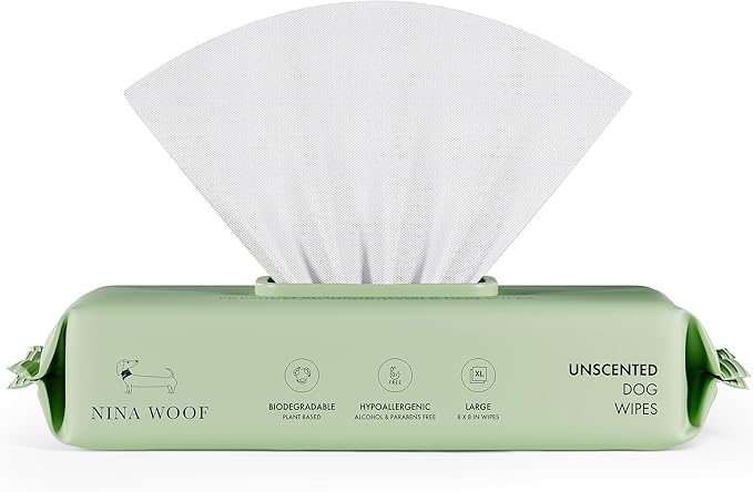 Nina Woof Dog Wipes – Fragrance-Free, Alcohol-Free, Hypoallergenic Pet Grooming Wipes with Aloe Vera, Biodegradable, for Dogs & Cats: Paws, Face, Ears & Butt – (70 Count)