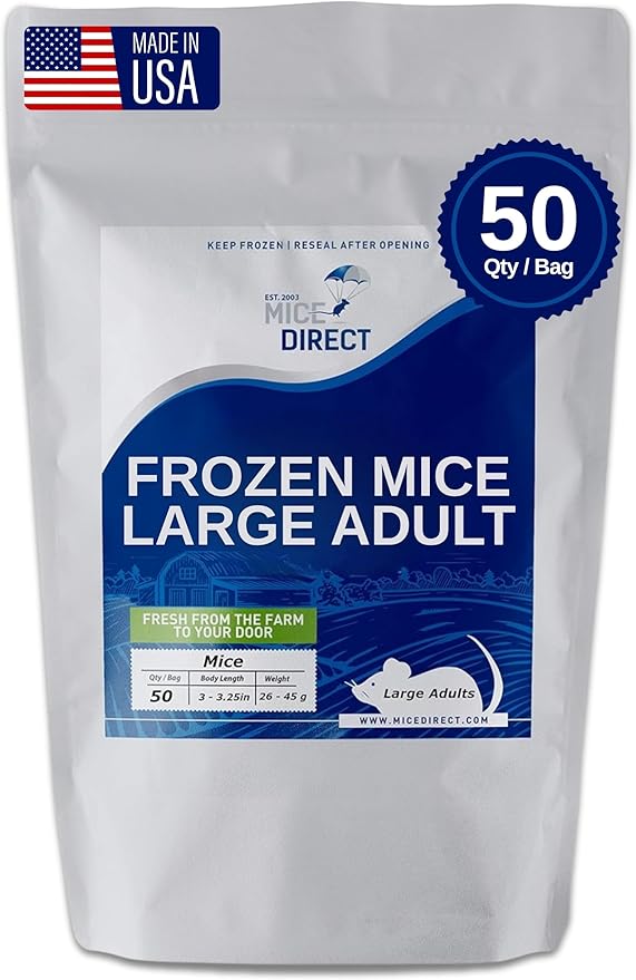 MiceDirect Frozen Large Adult Feeder Mice Food for Adult Ball Pythons Juvenile Red Tale Boa Monitors Lizards 40 Ounce (50 Count)