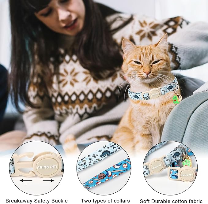ARING PET 2 Pack Cat Collar-Cute Kitty Collars with Bell & Pendant, Adjustable Dinosaur&Baseball Kitten Collars with Safety Buckle for Girl and Boy Pets