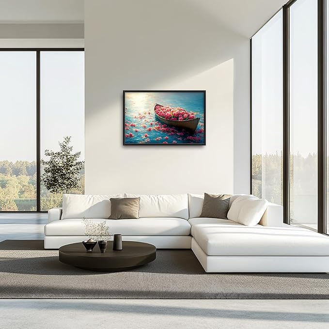 Large Lake Floral Landscape Wall Art for Living Room, Nature Boat Flower Canvas Oversized Wall Decor, Rose Scenery Framed Pictures Painting Print Artwork for Bedroom Office 36L" x 24W"