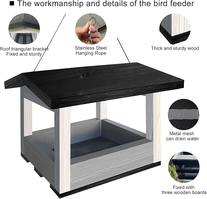 Wooden Hanging Bird Feeder Tray – Outdoor Platform Feeder for Cardinals, Squirrels, and Small Birds – Bird House Style for Backyard Garden (Grey)