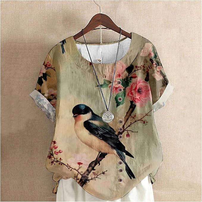 Japanese Print Women Summer Shirts Flower Bird Graphic Plus Size Tunic Tops Crewneck Short Sleeve Blouses