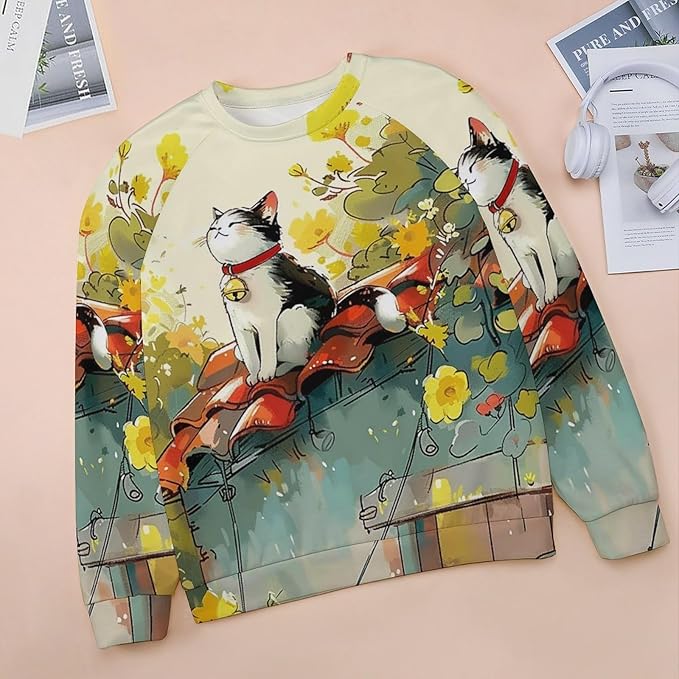 Womens Long Sleeve Tops Y2k Japanese Art Print Sweatshirts Fall Pullover for Women Crewneck Vintage Shirts Boho Tops