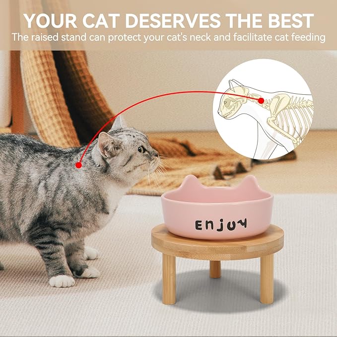 3PCS Elevated Cat Bowls,Wide Raised Ceramic Pet Dishes with Bamboo Stand, Whisker Friendly Pet Water or Food Plates Feeding Station for Indoor Small Dogs, Kitten (Pink+White)