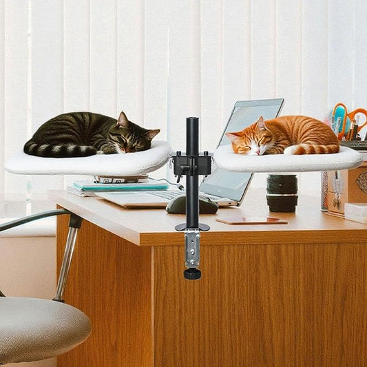 Double Cat Desk Bed - Desktop Attachment Two Cat Perch for Home Office, Spinnable Indoor Desk Mounted Hammock Bed, 2 Elevated Nest for Table, Double Kittens Clamp Hammock for Table(Black)