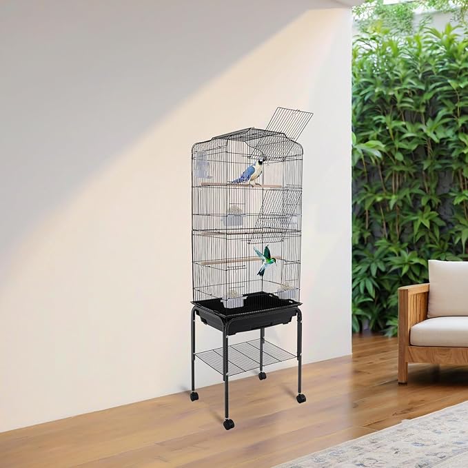 Extra Large Bird Cage, 54" Rolling Breeding Flight Bird Cages w/ 360° Wheels, Open Play Top Bird Cage with Detechable Stand for Parrots, Caiques, Macaw (Black)