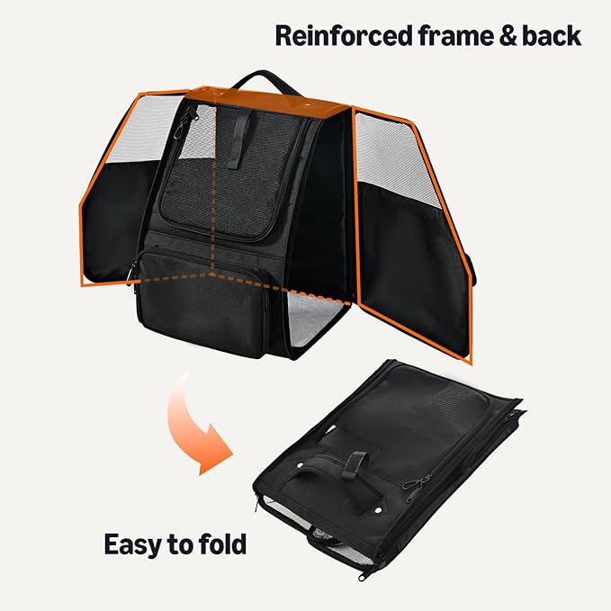 Amazon Basics Pet Backpack for Cats & Small Dogs, Collapsible Travel Carrier with Ventilated Mesh, Removable Pad, and Safety Leash, Black