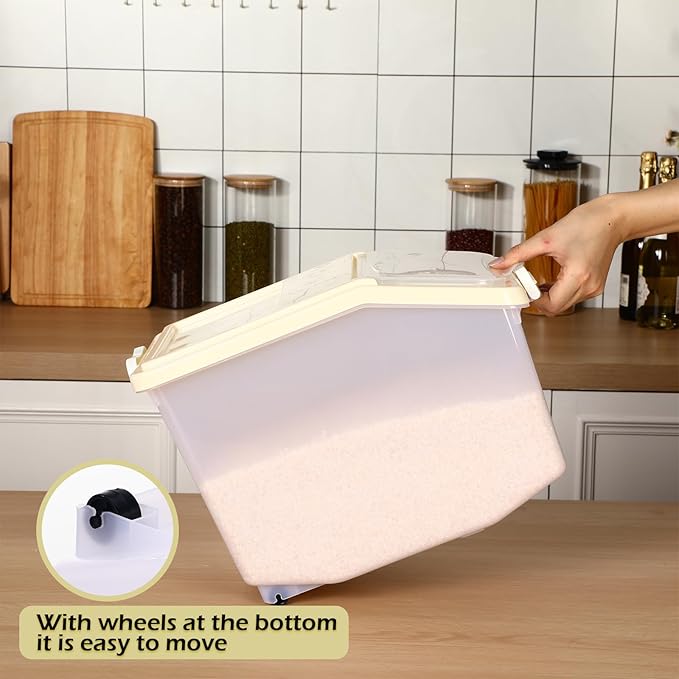 Sunnyray 4 Pcs Rice Storage Container 27.6 lb Airtight Flour Container with Wheels and Lids Measuring Cup Clear Pet Food Dog Birds Cat Food Bin Grain Cereal Organizer Box (Cream)