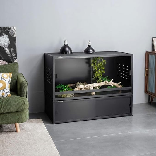 Large PVC Reptile Enclosure 76 Gallons with 12'' Height Cabinet Reptile Terrarium 44''x20''x20'' for Bearded Dragon Gecko Lizard Snake, Wide Breeding Vivarium Area with Sliding Doors Lock