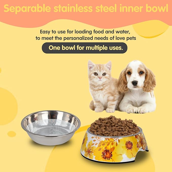 Pet Cats Dogs 2 in 1 Food Water Bowls - Non Slip Skid Proof Heavy Duty Pet Cats Dog Food Water Bowls for Feeding Drinking Small Medium Large Dogs Cats Puppies (Yellow Flower, S:7OZ)