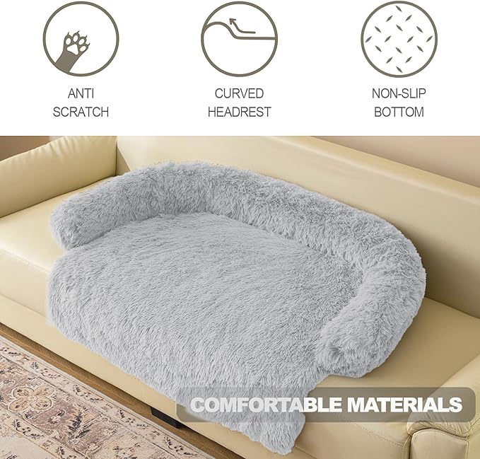 Calming Dogs/Cats Bed Mats, Dog Pad Washable Removable Couch Cover, Plush Long Fur Mat for Pets, Waterproof Lining, Perfect for Small, Medium and Large Dogs and Cats (Light Gray, 34"x30")