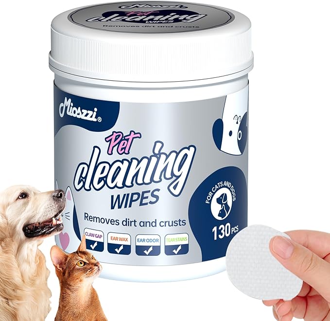 MIOSSZI 3-in-1 Pet Wipes Bundle - 40 Glove + 50 Ear + 130 Eye Wipes (220 Total) Hypoallergenic Cleaning Mitts for Dogs & Cats, Rinse-Free with Coconut Oil & Aloe Vera, Gentle No-Sting Formula