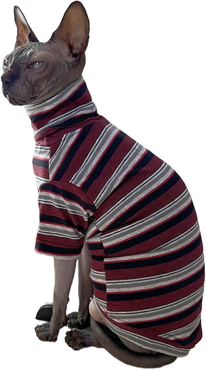 Vintage Stripes Sphynx Hairless Cats Shirt Cotton Cat Turtleneck Pet Clothes Kitten T-Shirts with Sleeves for Sphynx Cats (Old School, Medium)