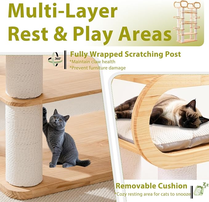 76.8'' Modern Cat Tree, Tall Cat Tower for Indoor Cats, Pine Wood Climb Tower with 2 Removable Mats, Heavy Duty Cat Furniture with Fully Wrapped Scratching Post, Huge Cat Condo for Multi-Cat Families