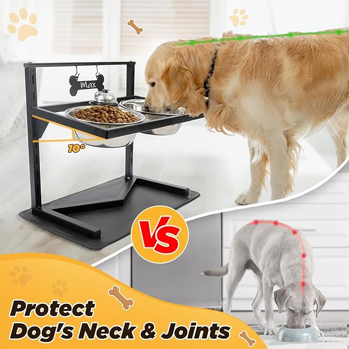 Grand Line Elevated Dog Bowls - 7 Height Adjustable, 10 Tilted Raised Stand With Spill Proof Mat, Two 1.5L Stainless Steel Food Water Bowls for Large Medium Small Dogs (15.4" H)