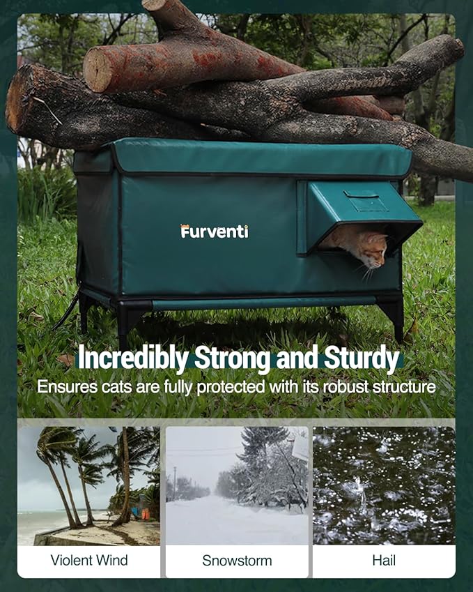 Outdoor Heated Cat House in Winter,Extremely Insulated & Weatherproof,Elevated Feral Cat Shelter with Waterproof Eaves & Escape Door for Outside Stray Barn Cat (Dark Green, XL)