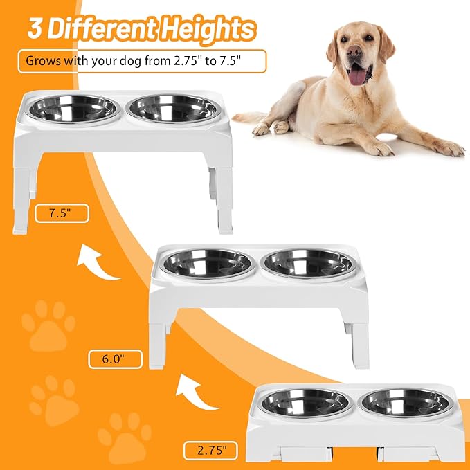 Hubulk Elevated Dog Bowls with 2 Stainless Steel Dog Food & Water Raised Bowls with No Spill Edge Non-Slip Stand Adjusts to 3 Heights(2.75", 6.0", 7.5") for Small Medium Dogs and Pet