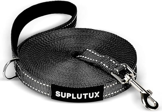 Reflective Dog Leash–10FT/16FT/30FT/50FT/100FT Durable Nylon Training Leash with Heavy-Duty Metal Clasp, High Visibility for Night Walking, Perfect for Small, Large Dogs (Black, 100FT)