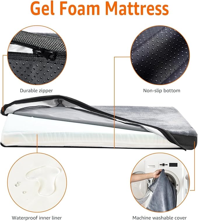 Amazon Basics Dog Bed with Cooling Gel Memory Foam, Pressure-Relief Support for Dogs up to 90lbs, Non-Slip Bottom, Machine Washable Cover, Extra Large Sized (41" x 29"), Grey