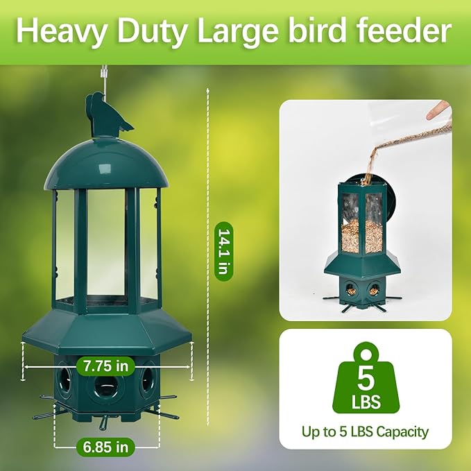 Professional Squirrel Proof Bird Feeders - Sorflife Large Capacity 5.06 lbs, Reliable and Rust Resistant Metal Bird Feeding Station for Prevents Squirrels from Stealing Food and Easy Refilling Green