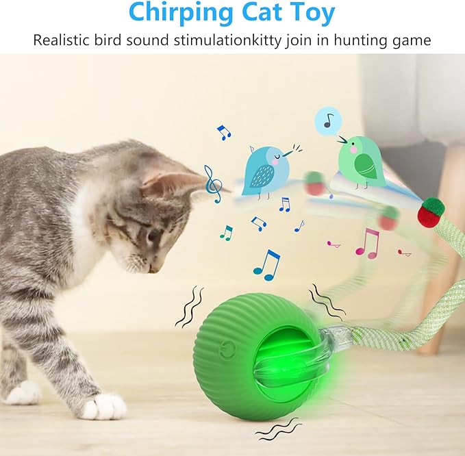 2Packs Interactive Cat Toys for Indoor Cats, Interactive Cat Ball Toy with Elastic Mesh Tail, Automatic Cat/Kitten Toys with Chirping & Motion Activate, Cat Toys for Bored Indoor (Yellow+Green)