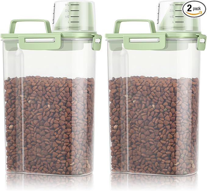 TBMax Small Dog Cat Food Storage Containers 2 Pack, Travel-Friendly Pet Food Container with Spout & Measuring Cup, Kid-Friendly Pet Feeding Dispenser, Portable Dog Treat Bird Seed Container