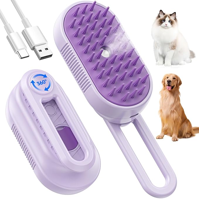 Cat Steam Brush for Shedding, 4 in 1 Rechargeable Steam Brush for Cats and Dogs, Anti-Static, Massage, Cleaning, Shedding & Combing All In One! (purple)