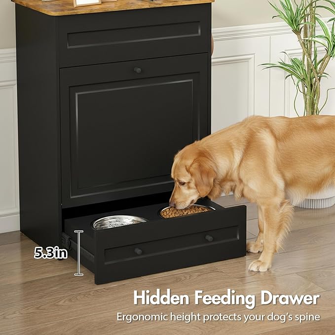 Dog Feeding Station with Storage Cabinet, Hidden Elevated Bowls for Medium & Large Dogs, Dog Food Cabinet Organizer with Hooks for Pet Supplies, Slow Feeder & Stainless Steel Bowls (Black)