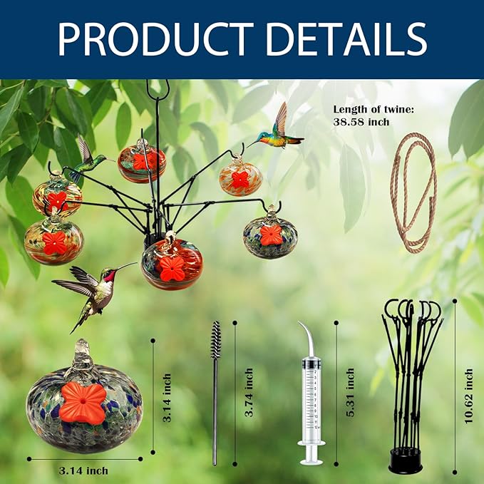 Hummingbirds Feeder for Outdoor Hanging (6 Feedind Balls),Hand Blown Glass Feeder with S Hook,Never Leak,Garden,Backyard,Patio Decor,Humming Birds Gifts