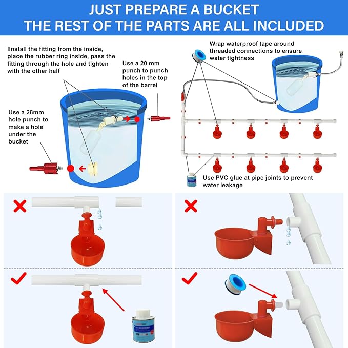 Complete Set Pipeline Automatic Chicken Waterer System with PVC Pipeline and 304 Stainless Steel Hose, Chicken Water Cups, Chicken Watering System. (No Bucket Included)