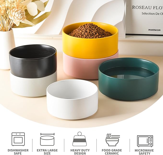 8'' Ceramic Dog Bowl - 70Oz Classic Dogs Food & Water Bowl for Medium and Large Breeds, Heavy-Duty Non-Slip Dog Dish, Food Grade Stoneware Pet Bowl, Dishwasher & Microwave Safe, Yellow