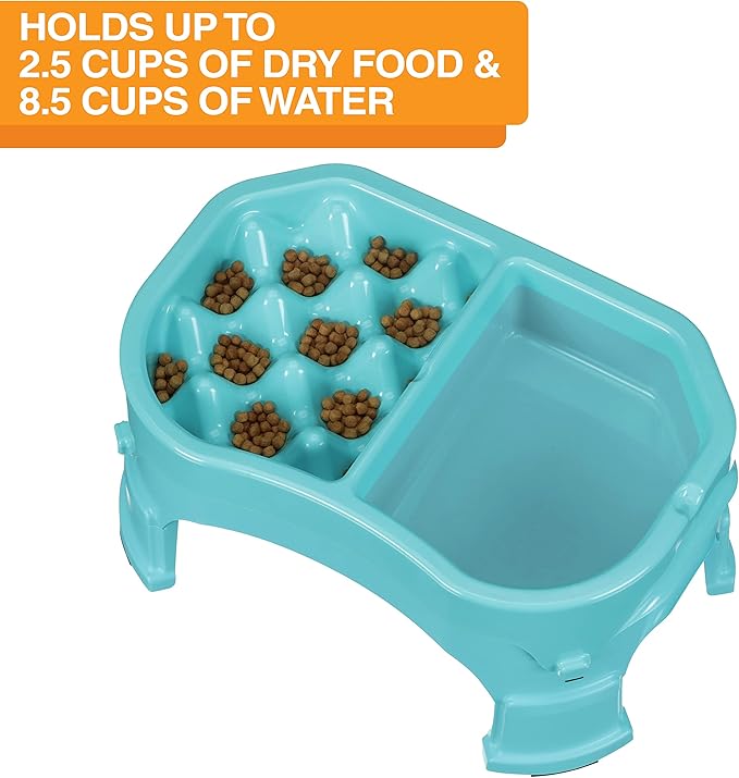 Neater Pet Brands – Neater Raised Slow Feeder Dog Bowl – Elevated and Adjustable Food Height - (Double Diner, Aquamarine)