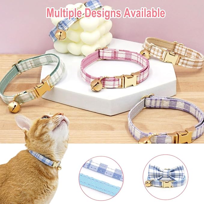 Personalized Cat Collar with Engraved Name Phone Number for Boy and Girl Kittens (Plaid)