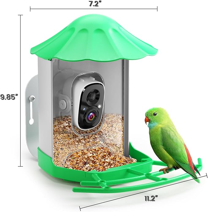 Smart Bird Feeder with Camera for Outdoors Solar Powered, 2.5K HD Video, AI Bird Species Identification, Instant Arrival Alerts, Wireless 2.4Ghz WiFi & Include 32GB SD Card, Ideal Gift (Green)